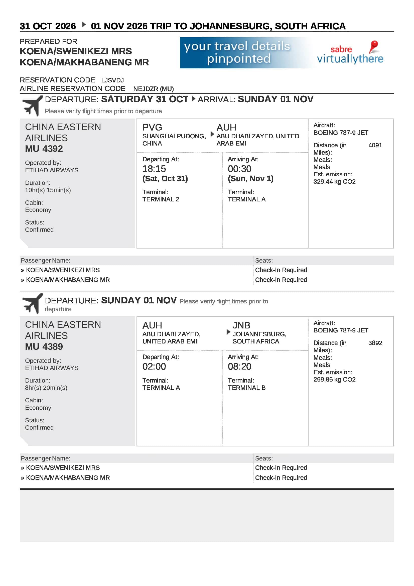Sample standard flight itinerary with PNR, travel dates, and route details for visa application