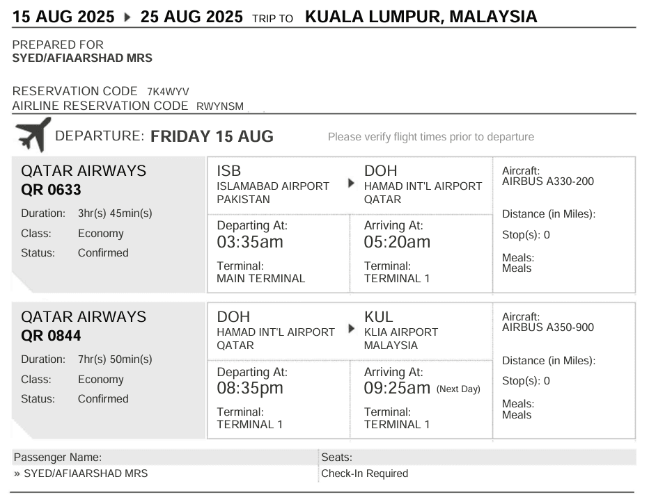 Preview of Malaysia Flight Ticket - Professional dummy flight ticket for Malaysia visa application