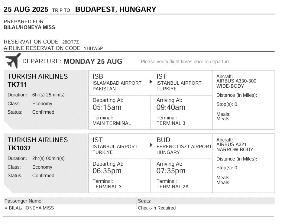 Preview of Hungary Flight Ticket - Authentic-looking flight confirmation for Hungary visa