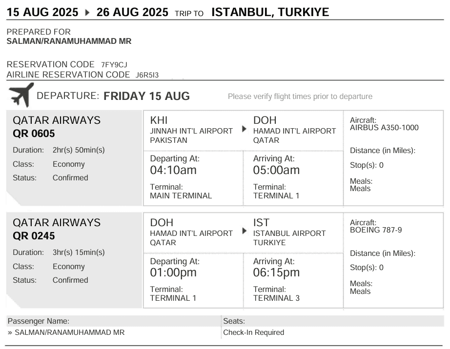 Preview of Turkey Flight Ticket - Professional booking confirmation for Turkey visa application