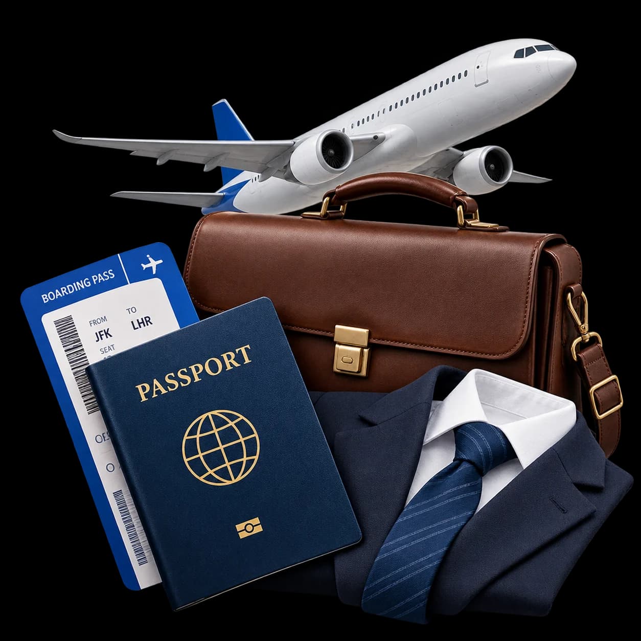 Airplane with passport and business travel documents