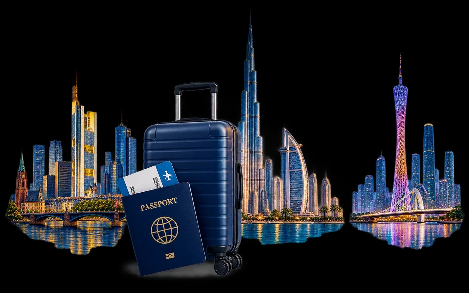 Suitcase with travel tickets and landmark silhouettes