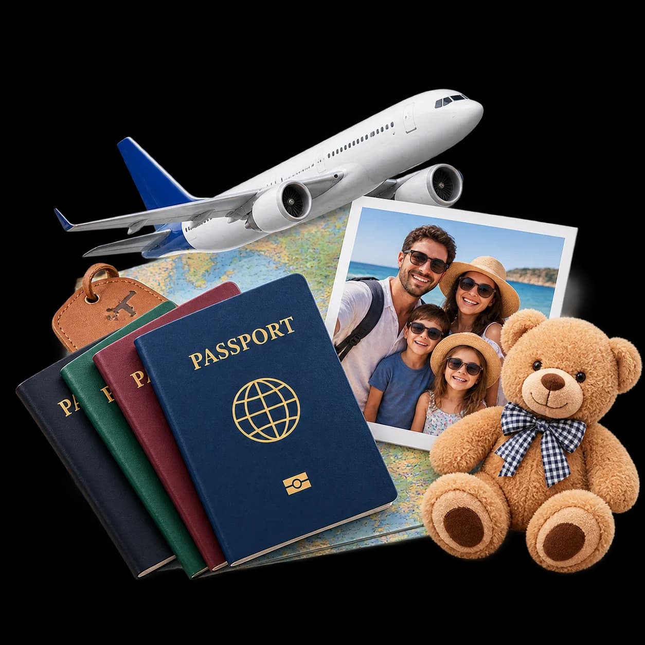 Airplane with passports and travel documents for family visa