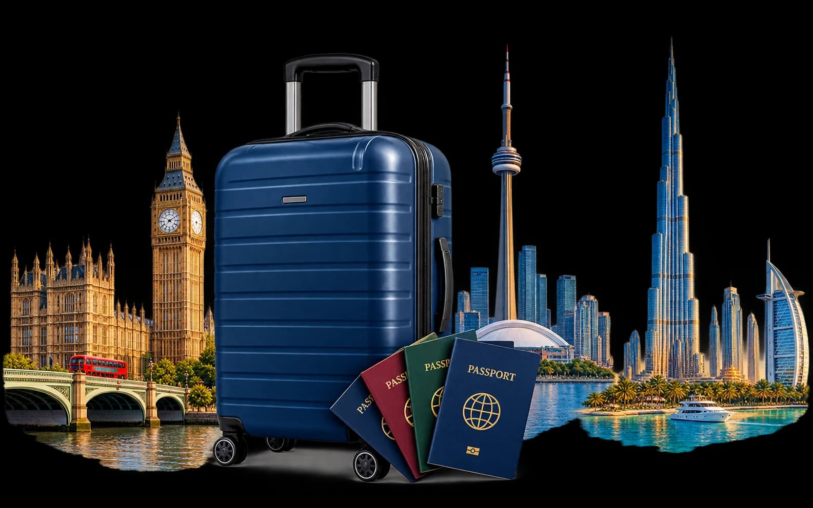 Suitcase with travel tickets and landmark silhouettes