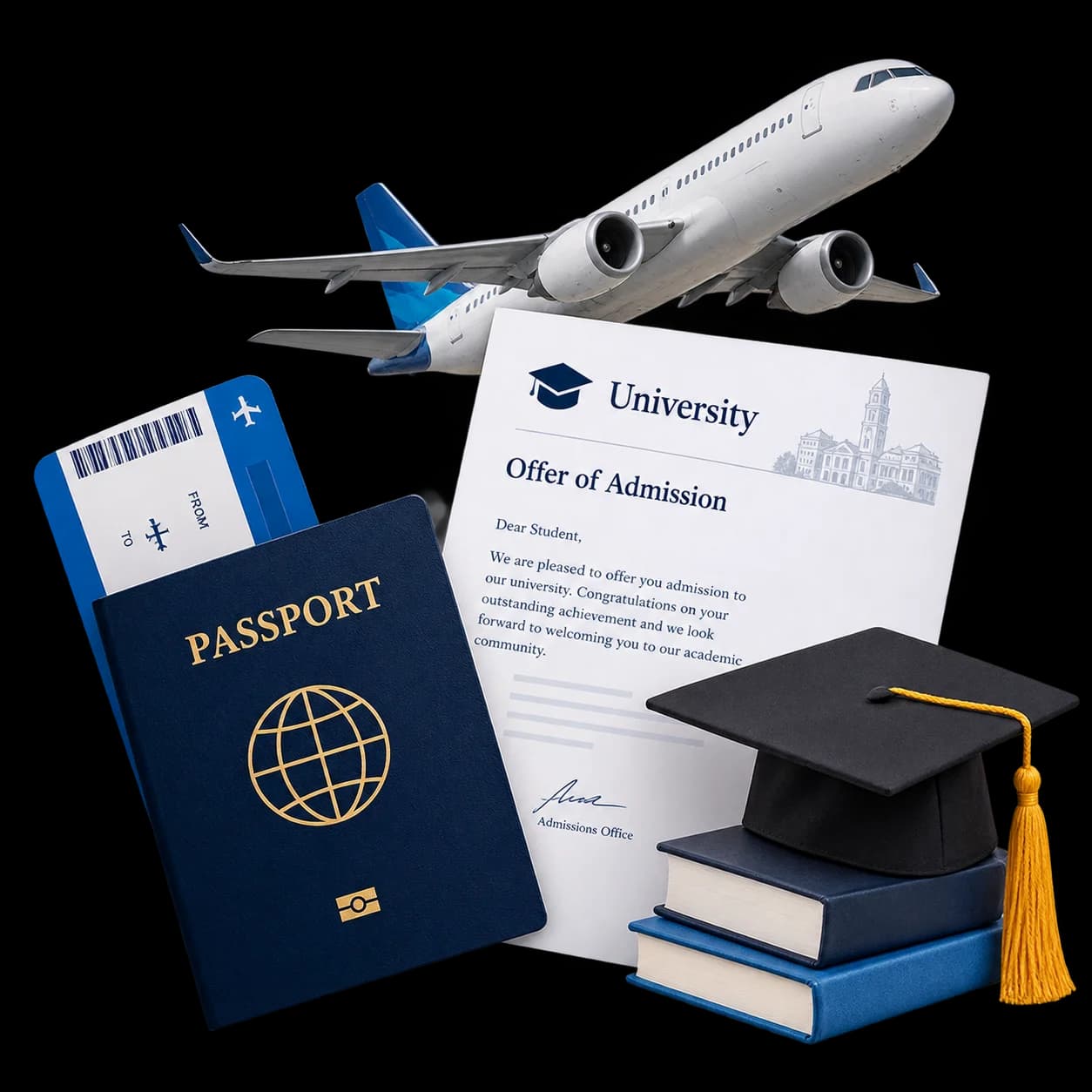 Airplane with passport and travel documents for student visa