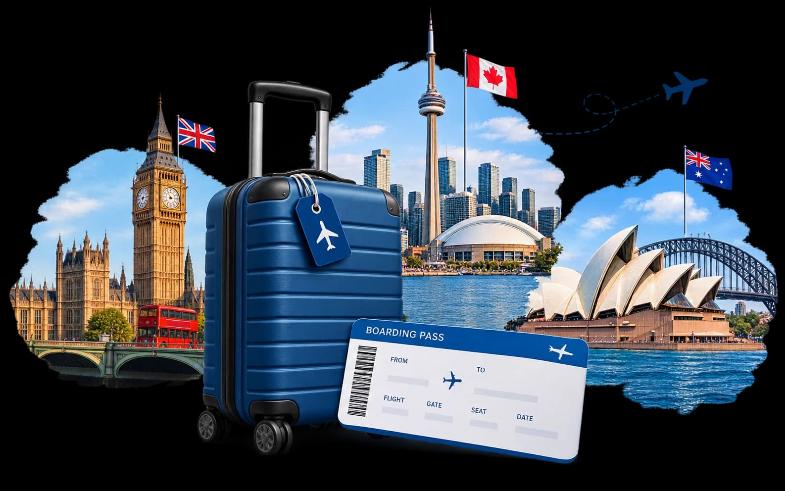 Suitcase with travel tickets and landmark silhouettes