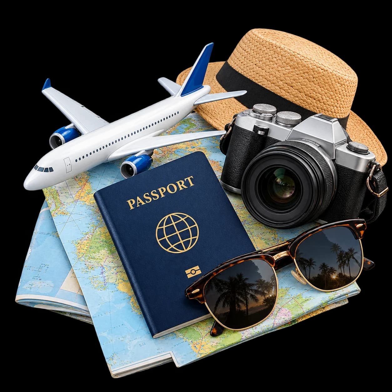 Airplane with passport and travel documents for tourist visa