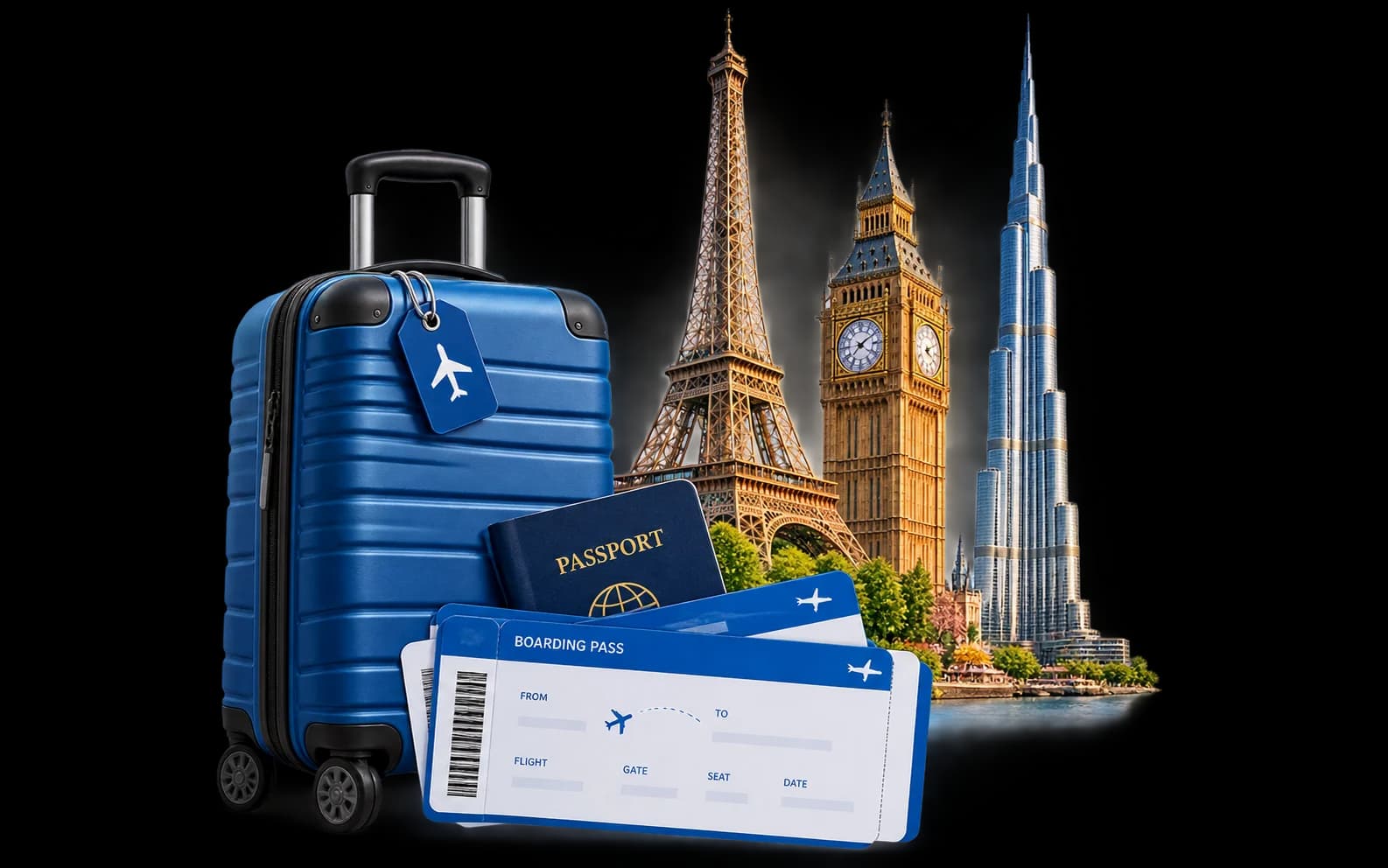 Suitcase with travel tickets and landmark silhouettes