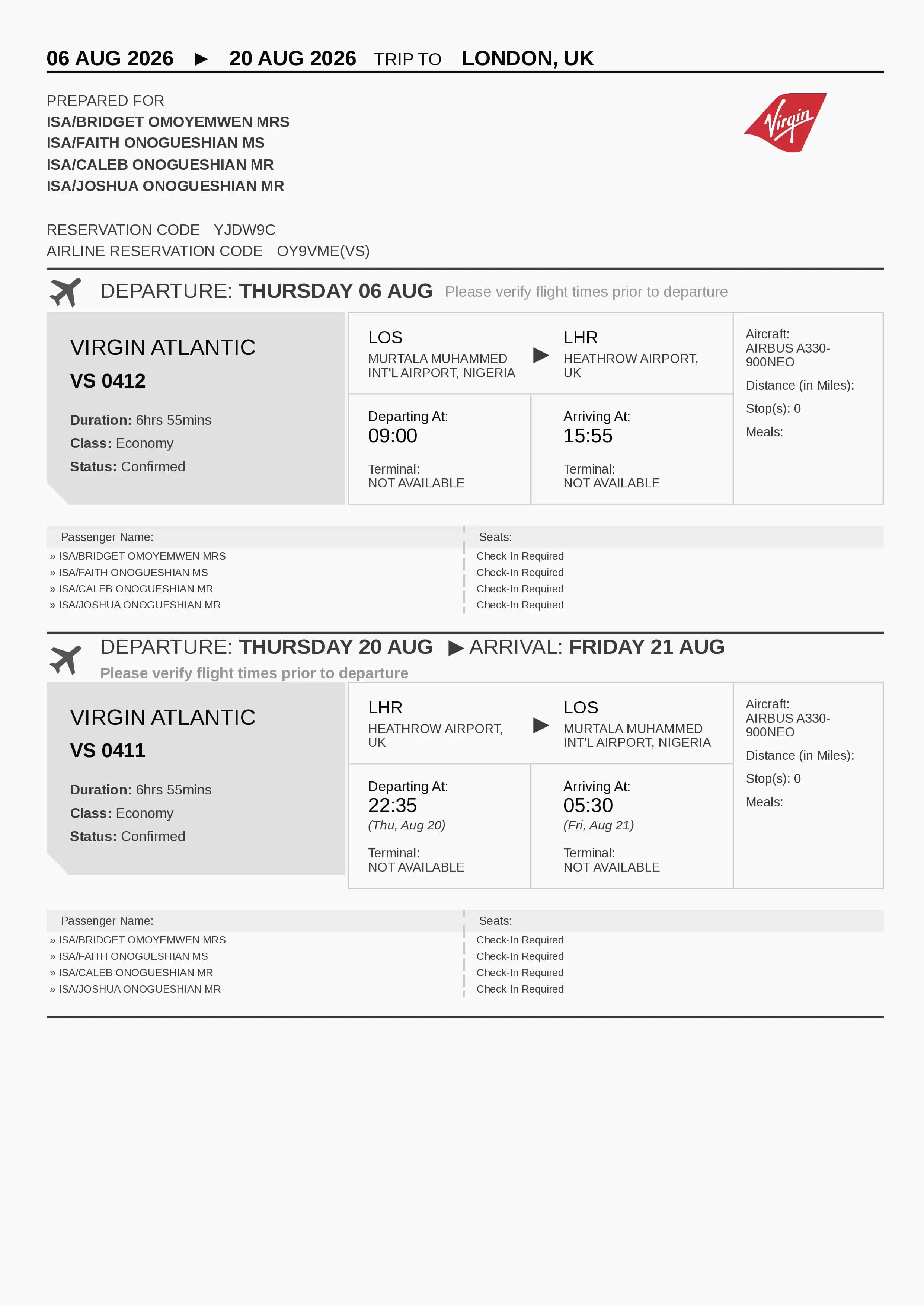 Sample embassy-approved flight reservation ticket for visa