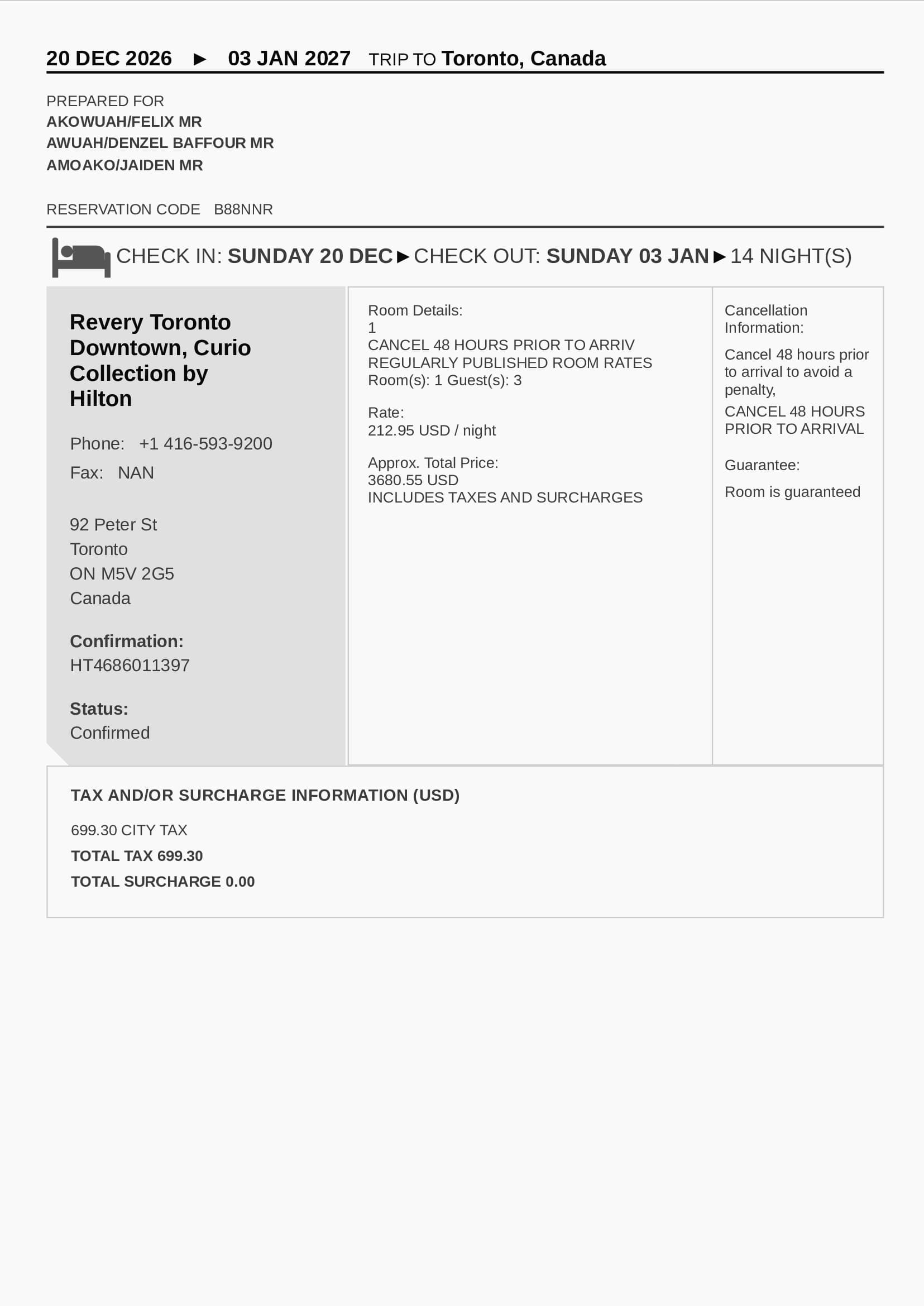 Sample hotel booking confirmation for visa applications